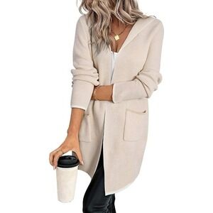Flamingals Women's Beige Knit Hooded Cardigan Sweater Long Sleeve Pockets Size L